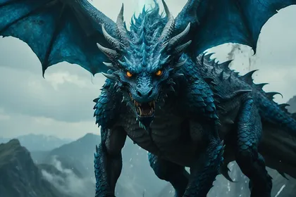 A blue scaled dragon with wings spread, standing on a wet mountain ridge in mist