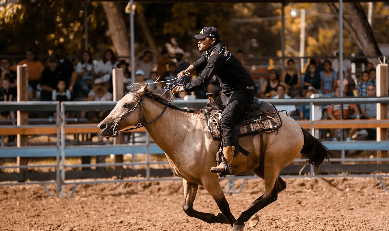 A young rider in a black hat turning a chestnut quarter horse hard in a sandy arena, cattle and spectators behind